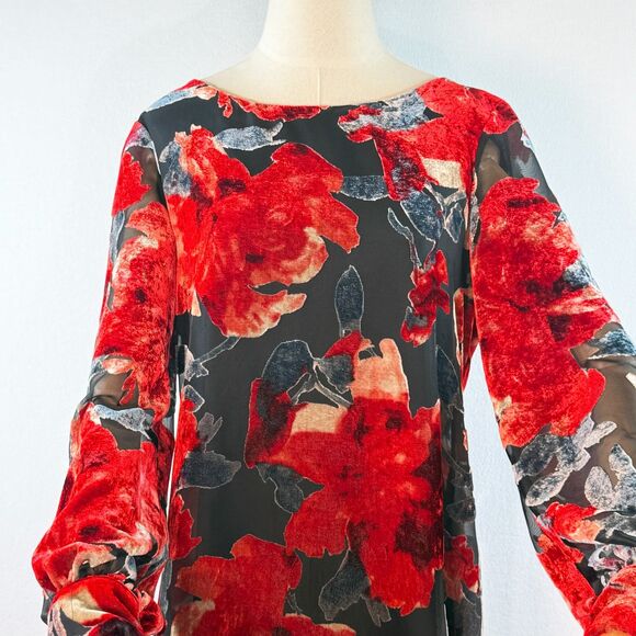 Neiman Marcus | Flocked Velvet Red and Cream and Black Dress | Sz 12 - Picture 13 of 14